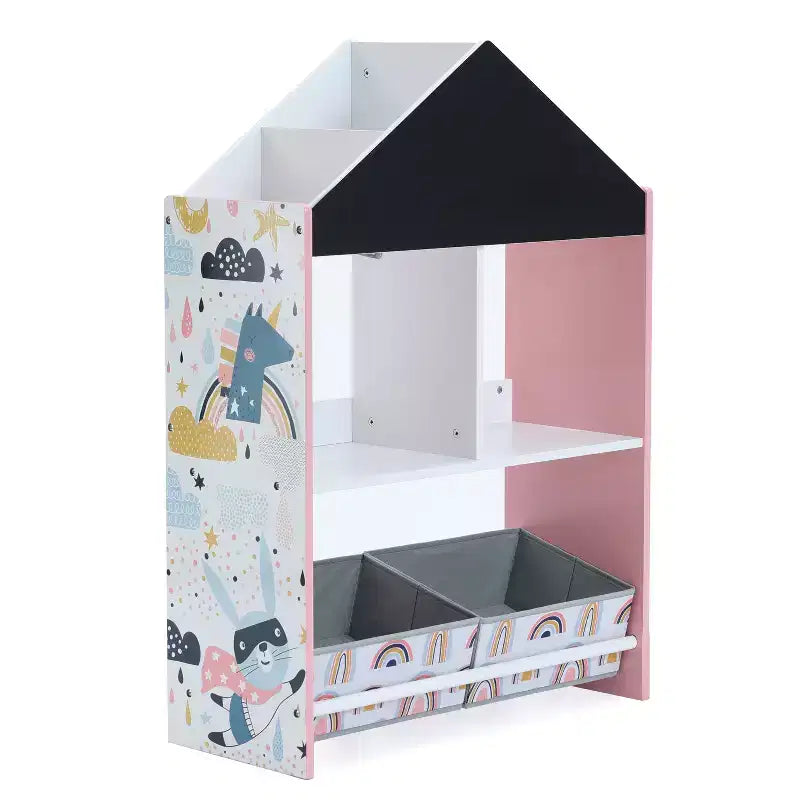 LuxenHome Mobile Basso da Terra Multifunzione con Lavagna a Forma di Casa, Libreria e Contenitore per Giocattoli per Bambini