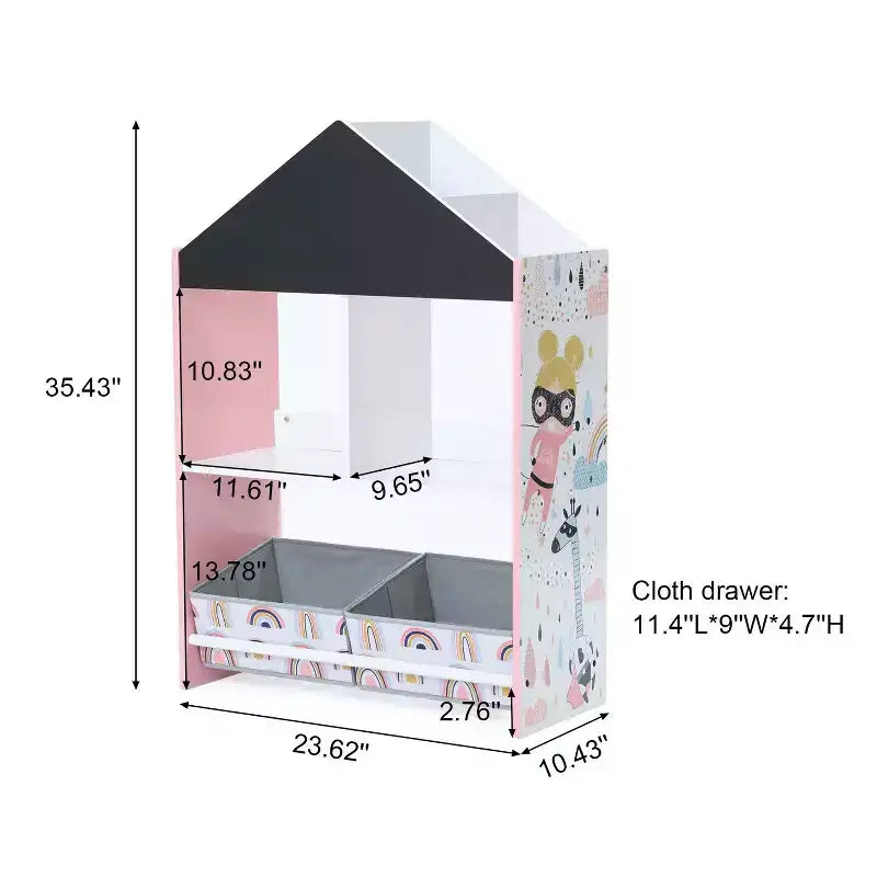 LuxenHome Mobile Basso da Terra Multifunzione con Lavagna a Forma di Casa, Libreria e Contenitore per Giocattoli per Bambini
