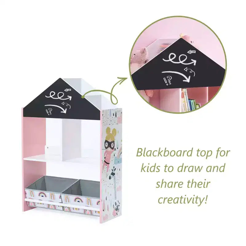 LuxenHome Mobile Basso da Terra Multifunzione con Lavagna a Forma di Casa, Libreria e Contenitore per Giocattoli per Bambini