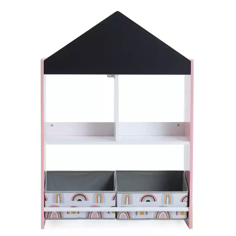 LuxenHome Kids Multi-Functional House Bookcase Toy Storage Bin Floor Cabinet with Blackboard