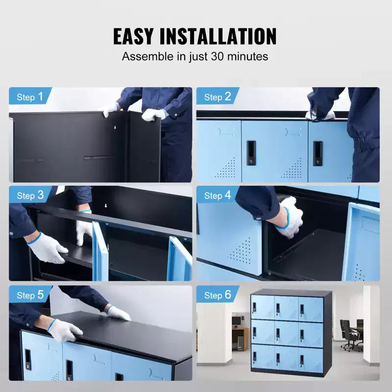VEVOR Casier métallique pour employés, Armoire de rangement à 9 portes avec fente pour carte, Casiers d'employés avec clés, Capacité de charge de 30 kg, Noir et bleu