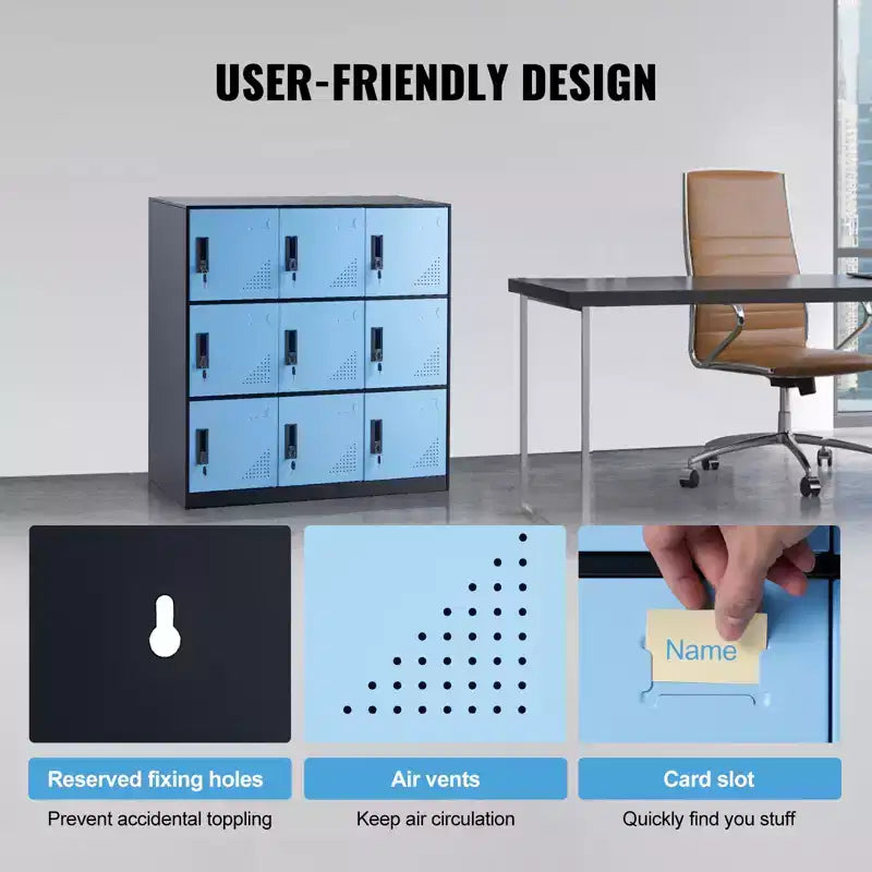 VEVOR Casier métallique pour employés, Armoire de rangement à 9 portes avec fente pour carte, Casiers d'employés avec clés, Capacité de charge de 30 kg, Noir et bleu