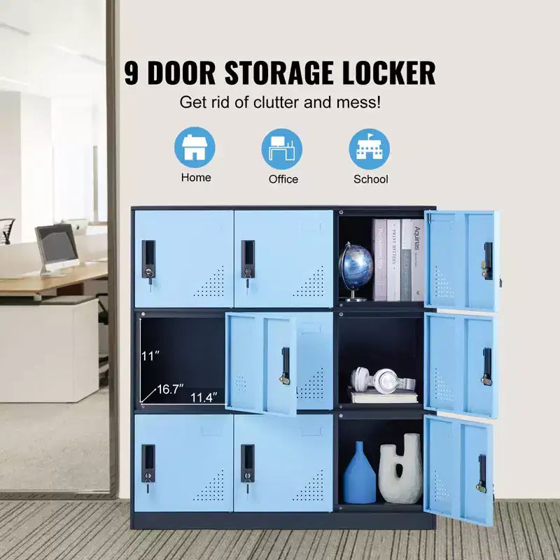 VEVOR Casier métallique pour employés, Armoire de rangement à 9 portes avec fente pour carte, Casiers d'employés avec clés, Capacité de charge de 30 kg, Noir et bleu