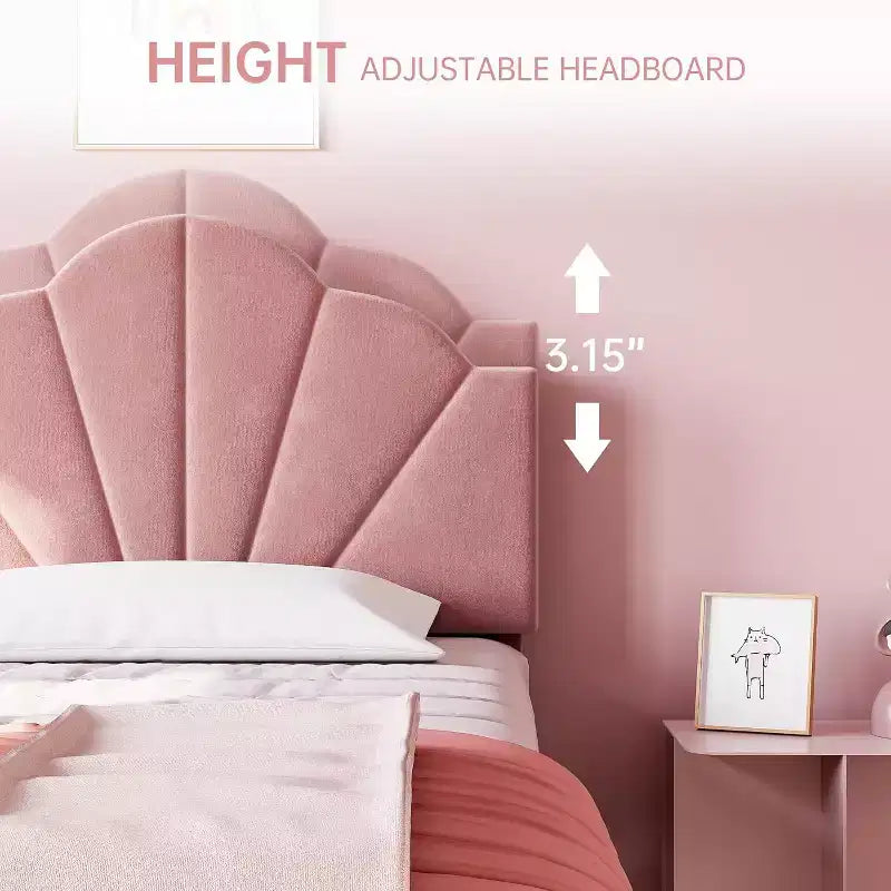 Letto a piattaforma singolo in velluto con testiera regolabile - Supporto a doghe in legno, nessun box spring necessario, rosa chiaro