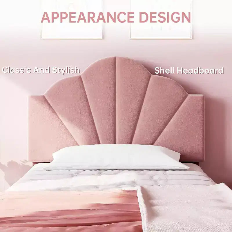 Letto a piattaforma singolo in velluto con testiera regolabile - Supporto a doghe in legno, nessun box spring necessario, rosa chiaro