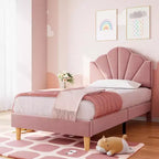 Letto a piattaforma singolo in velluto con testiera regolabile - Supporto a doghe in legno, nessun box spring necessario, rosa chiaro