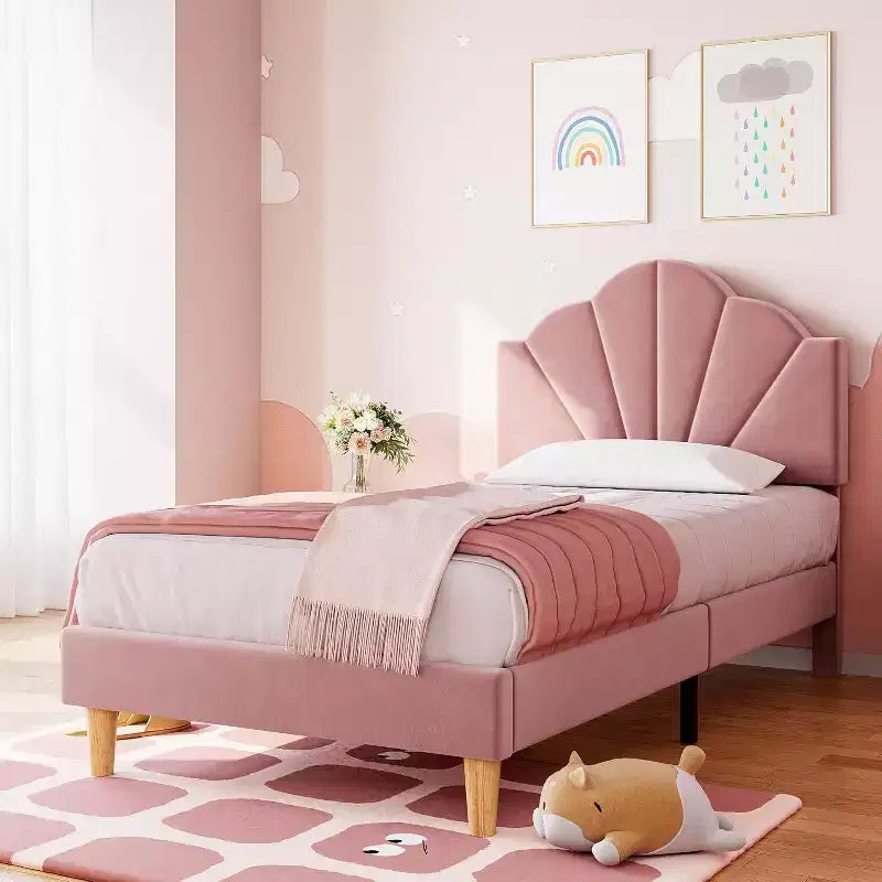 Letto a piattaforma singolo in velluto con testiera regolabile - Supporto a doghe in legno, nessun box spring necessario, rosa chiaro