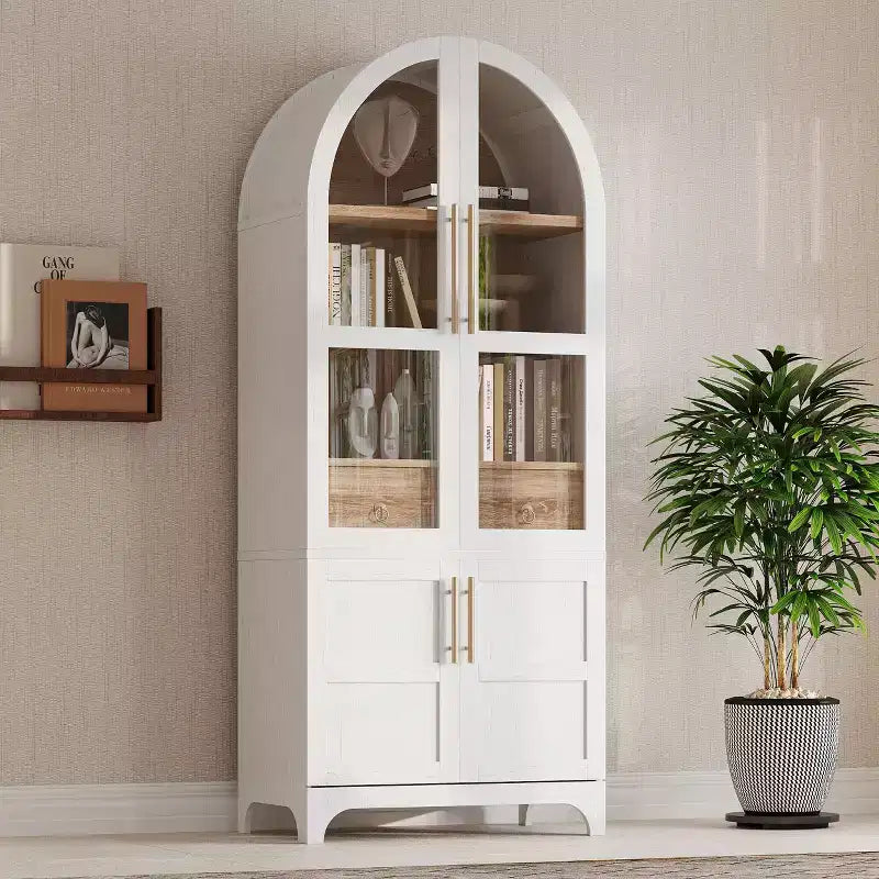 Okak 71 Mobile Dispensa da Cucina Ad Arco in Legno con 2 Cassetti, Mobili Contenitori da Cucina con Anta in Vetro, Armadio Alto per Cucina/Sala da Pranzo