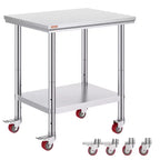VEVOR Stainless Steel Work Table 30 x 24 x 33 Inch, 700 LBS Load Capacity with 4 Wheels, 3 Adjustable Height Levels, Silver