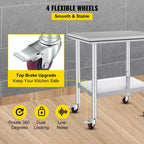 VEVOR Tavolo da Lavoro in Acciaio Inox 76 x 61 x 84 cm, 317 kg di Capacità di Carico con 4 Ruote, 3 Livelli di Altezza Regolabili, Argento