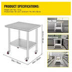 VEVOR Tavolo da Lavoro in Acciaio Inox 76 x 61 x 84 cm, 317 kg di Capacità di Carico con 4 Ruote, 3 Livelli di Altezza Regolabili, Argento