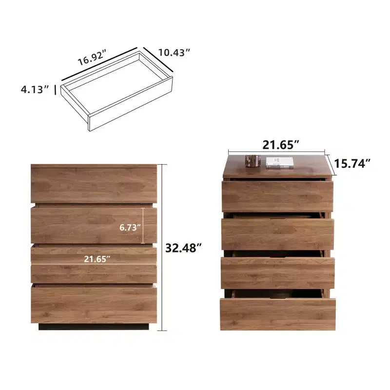 Gaoyangjiaju Cassettiera Moderna a 4 Cassetti - Comò Verticale con Finitura in Legno di Noce - Design Minimalista Senza Maniglie per Piccoli Spazi