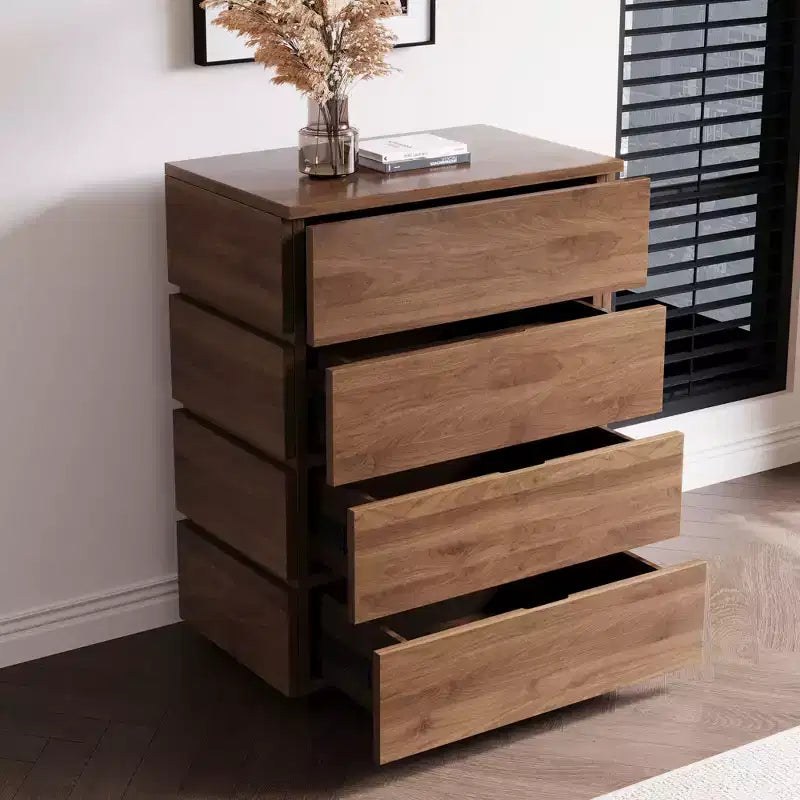 Gaoyangjiaju Cassettiera Moderna a 4 Cassetti - Comò Verticale con Finitura in Legno di Noce - Design Minimalista Senza Maniglie per Piccoli Spazi