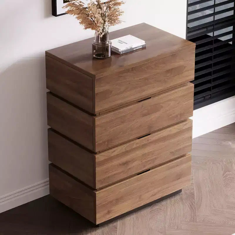 Gaoyangjiaju Cassettiera Moderna a 4 Cassetti - Comò Verticale con Finitura in Legno di Noce - Design Minimalista Senza Maniglie per Piccoli Spazi