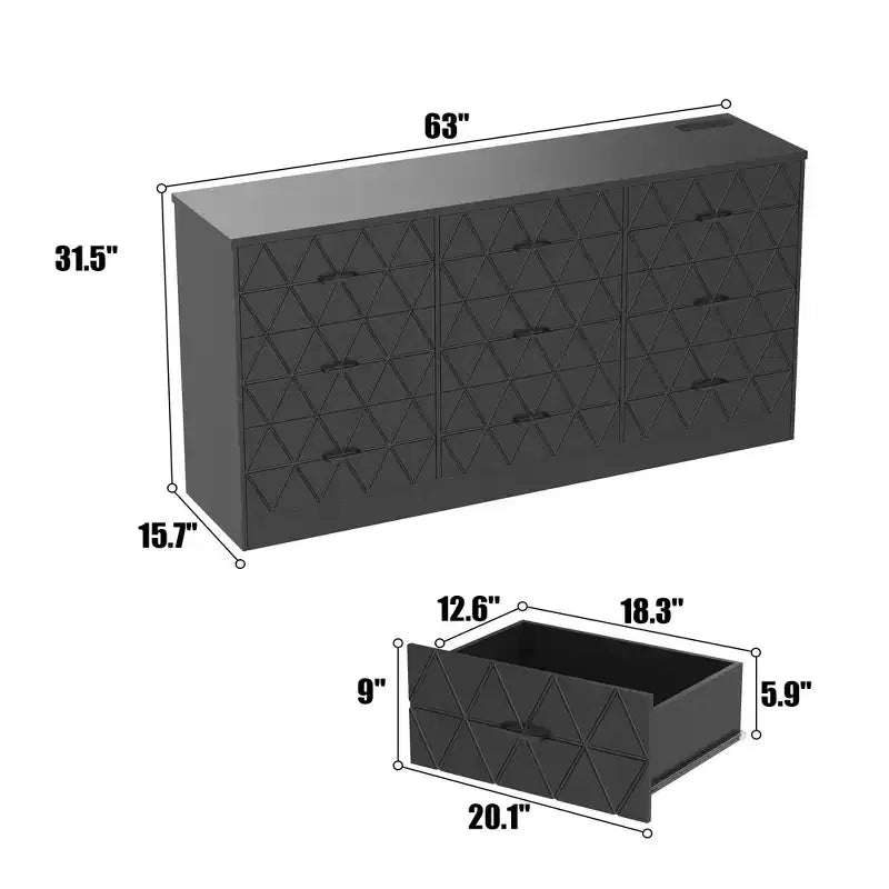 Comò a 9 cassetti per camera da letto, cassettiera grande da 63'' per camera da letto con presa di corrente