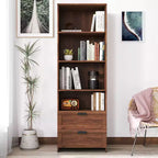 MAYEERTY Bookshelf with Drawers 4 Shelf for Home Living Room Walnut