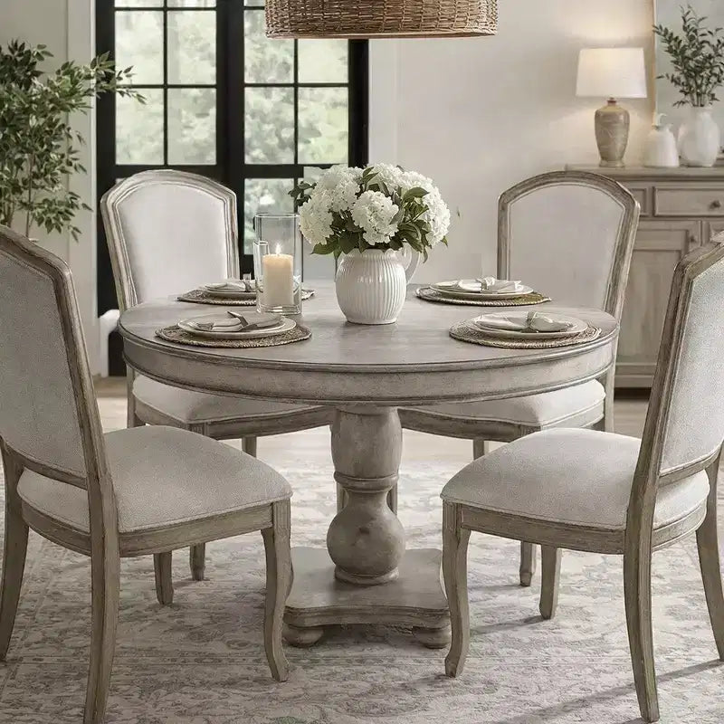 Tavolo da Pranzo Royal Hampton da 42 Pollici, Realizzato Artigianalmente in Legno di Mango, Base a Piedistallo, Piano Rotondo Modellato