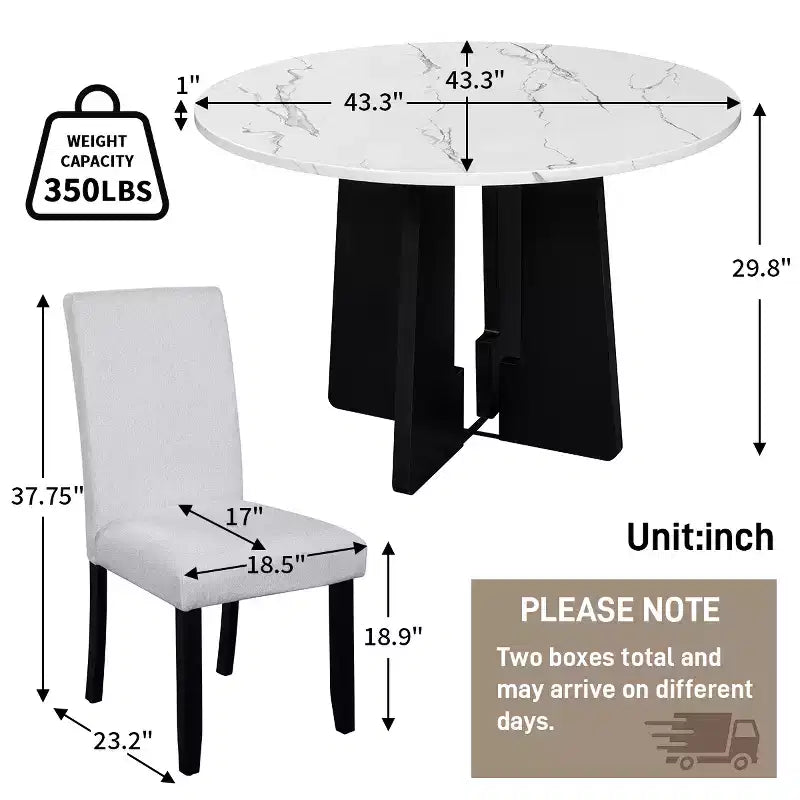 Set da pranzo rotondo da 5 pezzi per 4 persone, tavolo da pranzo moderno in marmo e 4 sedie imbottite con schienale alto