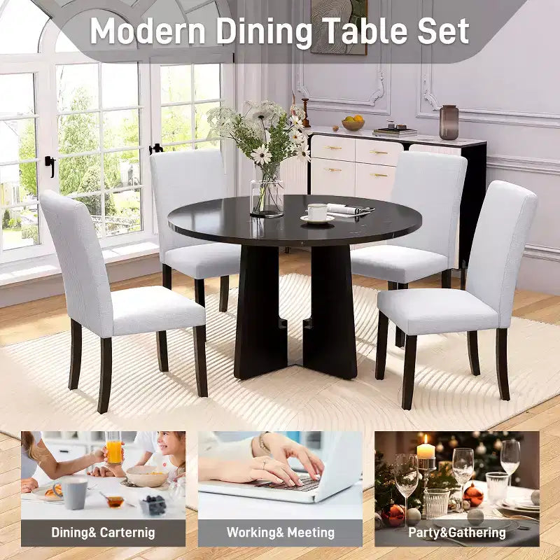 Set da pranzo rotondo da 5 pezzi per 4 persone, tavolo da pranzo moderno in marmo e 4 sedie imbottite con schienale alto