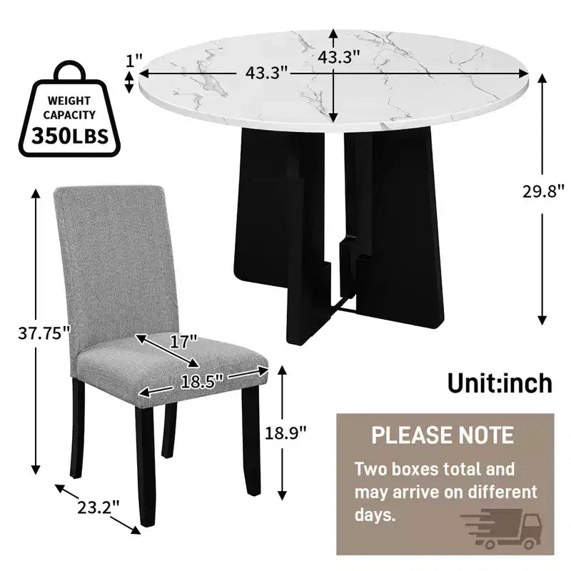 Set da pranzo rotondo da 5 pezzi per 4 persone, tavolo da pranzo moderno in marmo e 4 sedie imbottite con schienale alto