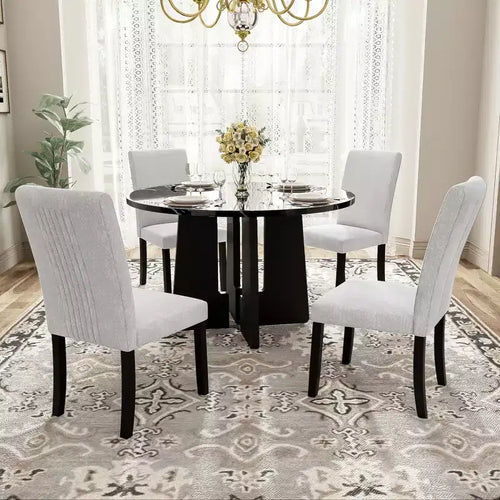 5 Piece Round Dining Table Set for 4, Modern Marble Dining Table and 4 High Back Upholstered Chairs