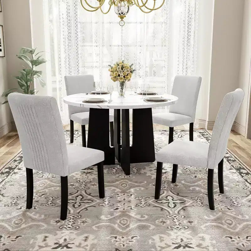 Set da pranzo rotondo da 5 pezzi per 4 persone, tavolo da pranzo moderno in marmo e 4 sedie imbottite con schienale alto