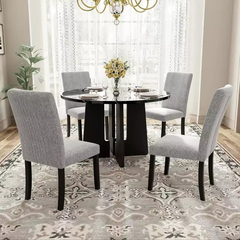 Set da pranzo rotondo da 5 pezzi per 4 persone, tavolo da pranzo moderno in marmo e 4 sedie imbottite con schienale alto