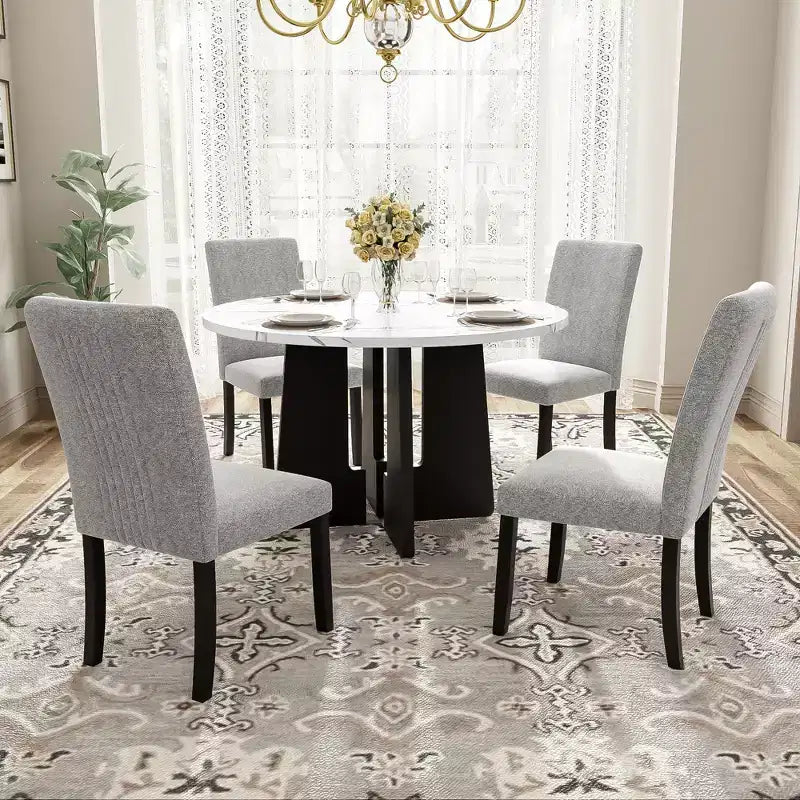 Set da pranzo rotondo da 5 pezzi per 4 persone, tavolo da pranzo moderno in marmo e 4 sedie imbottite con schienale alto