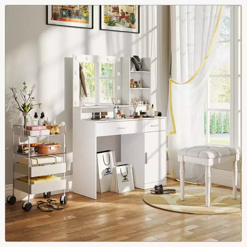 Bestier Coiffeuse avec miroir et lumières, table de maquillage avec 2/3 tiroirs, étagère réglable, prise de courant et étagère latérale pour chambre à coucher ou dressing