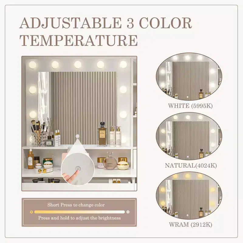 Bestier Coiffeuse avec miroir et lumières, table de maquillage avec 2/3 tiroirs, étagère réglable, prise de courant et étagère latérale pour chambre à coucher ou dressing