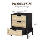 Table de chevet en rotin avec 3 tiroirs, table d'appoint compacte de 48 cm pour petits espaces - Bois composite et cadre en acier