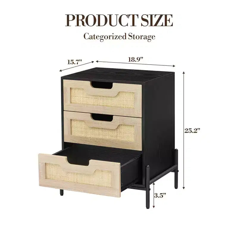 Table de chevet en rotin avec 3 tiroirs, table d'appoint compacte de 48 cm pour petits espaces - Bois composite et cadre en acier