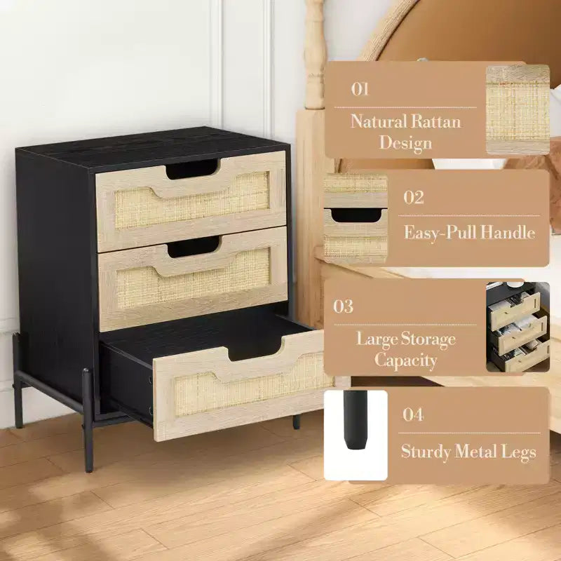 Table de chevet en rotin avec 3 tiroirs, table d'appoint compacte de 48 cm pour petits espaces - Bois composite et cadre en acier