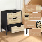 Table de chevet en rotin avec 3 tiroirs, table d'appoint compacte de 48 cm pour petits espaces - Bois composite et cadre en acier