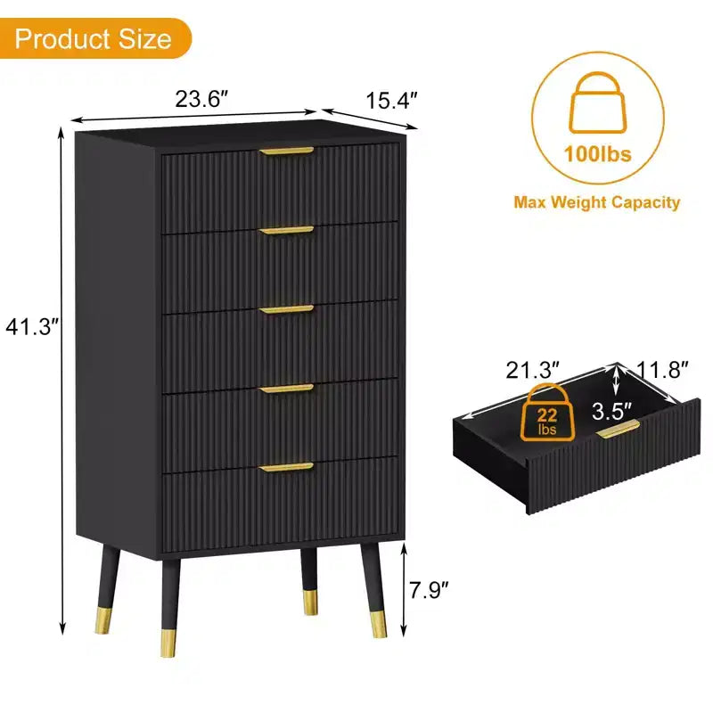 Cassettiera a 5 cassetti DobleePy per camera da letto, mobile organizer moderno in legno, comodini piccoli scanalati per camera da letto, nero (2 PEZZI)