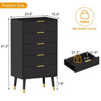 Cassettiera a 5 cassetti DobleePy per camera da letto, mobile organizer moderno in legno, comodini piccoli scanalati per camera da letto, nero (2 PEZZI)
