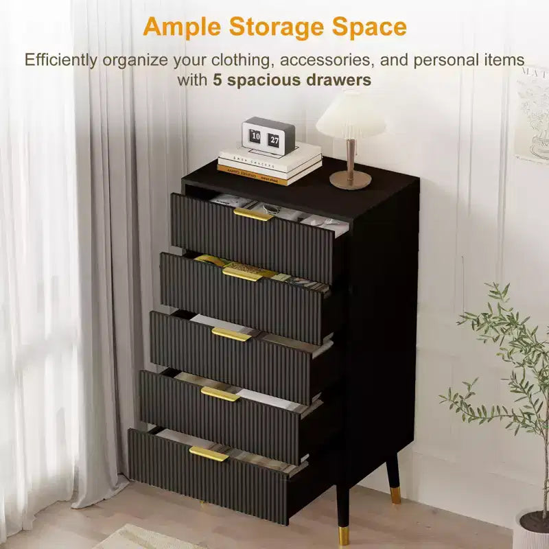 Cassettiera a 5 cassetti DobleePy per camera da letto, mobile organizer moderno in legno, comodini piccoli scanalati per camera da letto, nero (2 PEZZI)