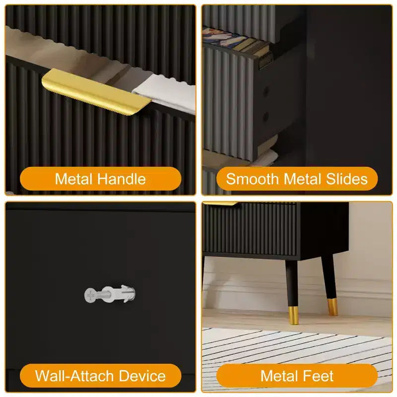 Cassettiera a 5 cassetti DobleePy per camera da letto, mobile organizer moderno in legno, comodini piccoli scanalati per camera da letto, nero (2 PEZZI)