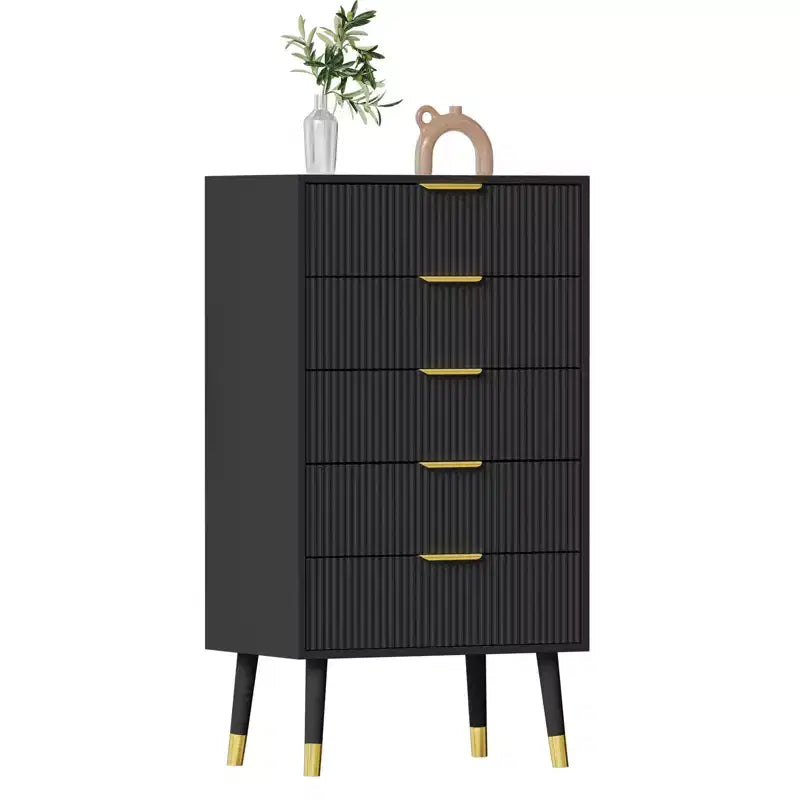 Cassettiera a 5 cassetti DobleePy per camera da letto, mobile organizer moderno in legno, comodini piccoli scanalati per camera da letto, nero (2 PEZZI)
