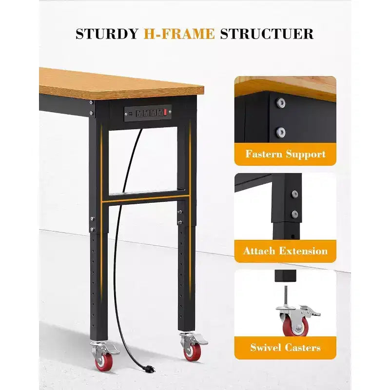 Établi réglable de 60 pouces avec roues, capacité de 2200 livres, plan de travail en bambou, table de travail pour garage, atelier, maison, bureau