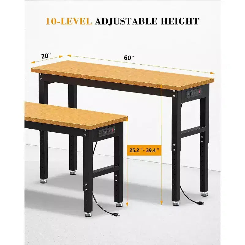 Établi réglable de 60 pouces avec roues, capacité de 2200 livres, plan de travail en bambou, table de travail pour garage, atelier, maison, bureau