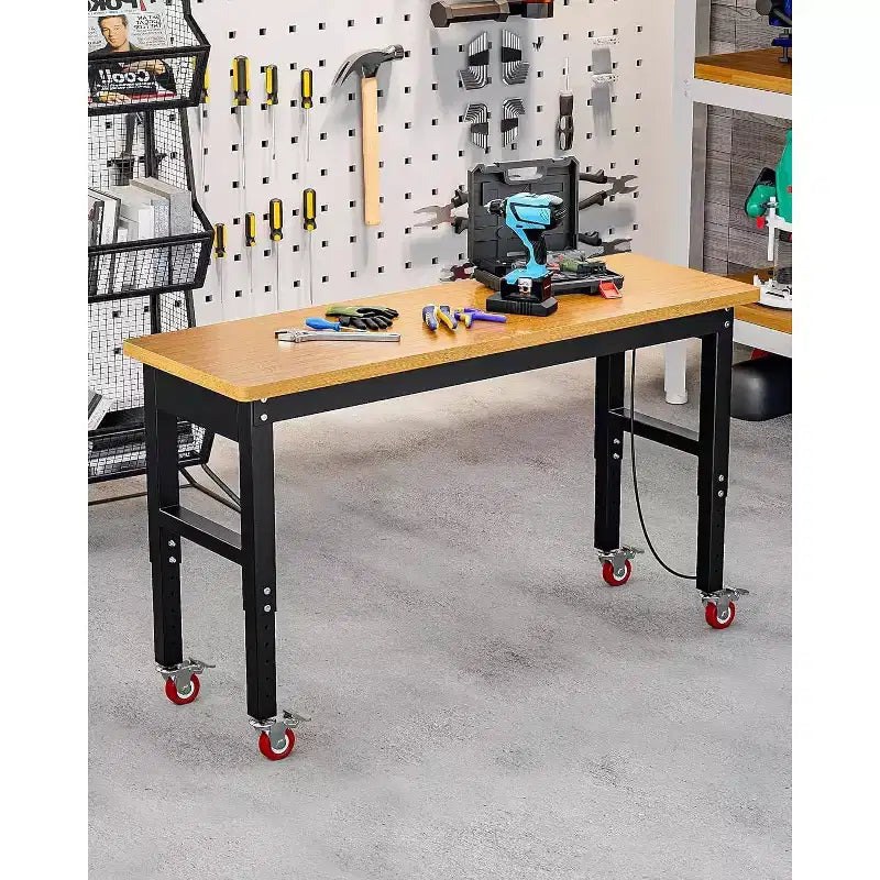 Établi réglable de 60 pouces avec roues, capacité de 2200 livres, plan de travail en bambou, table de travail pour garage, atelier, maison, bureau