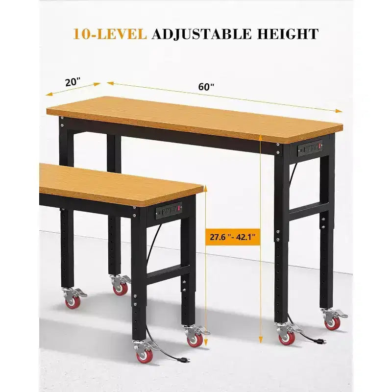 Établi réglable de 60 pouces avec roues, capacité de 2200 livres, plan de travail en bambou, table de travail pour garage, atelier, maison, bureau