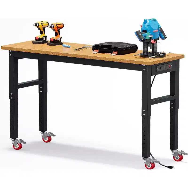 Établi réglable de 60 pouces avec roues, capacité de 2200 livres, plan de travail en bambou, table de travail pour garage, atelier, maison, bureau