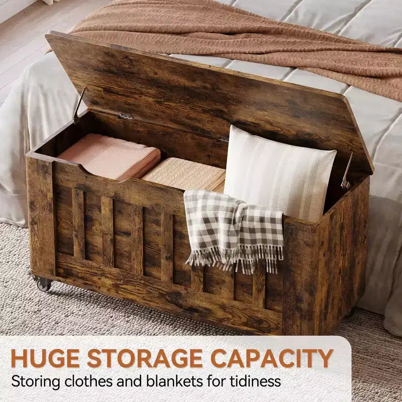 Panca contenitore, cassapanca in legno con 4 ruote, cassapanca da 100 cm con 2 cerniere di sicurezza, capacità di carico di 160 kg, angoli arrotondati, intaglio a U, per ingresso