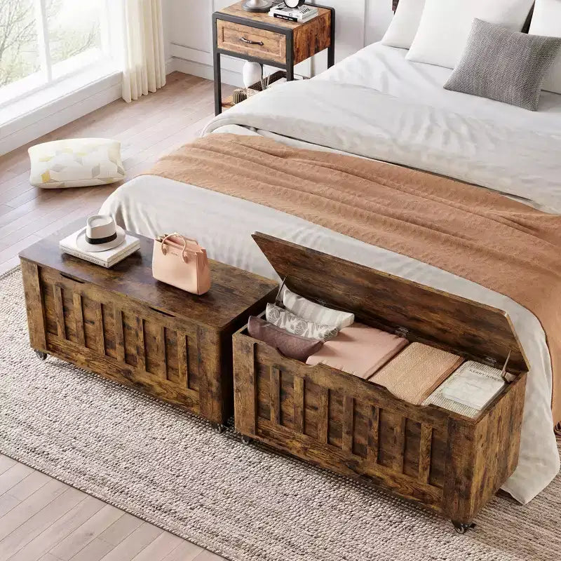 Panca contenitore, cassapanca in legno con 4 ruote, cassapanca da 100 cm con 2 cerniere di sicurezza, capacità di carico di 160 kg, angoli arrotondati, intaglio a U, per ingresso