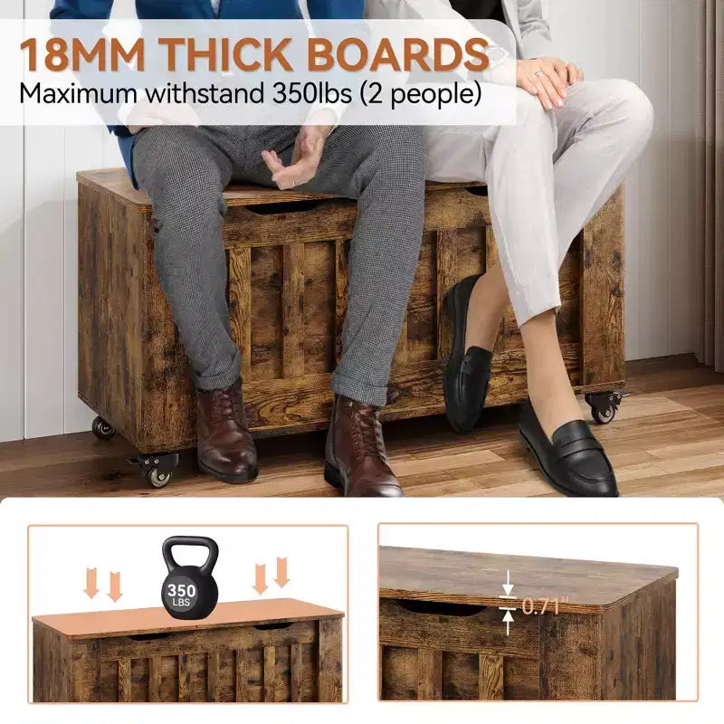 Panca contenitore, cassapanca in legno con 4 ruote, cassapanca da 100 cm con 2 cerniere di sicurezza, capacità di carico di 160 kg, angoli arrotondati, intaglio a U, per ingresso