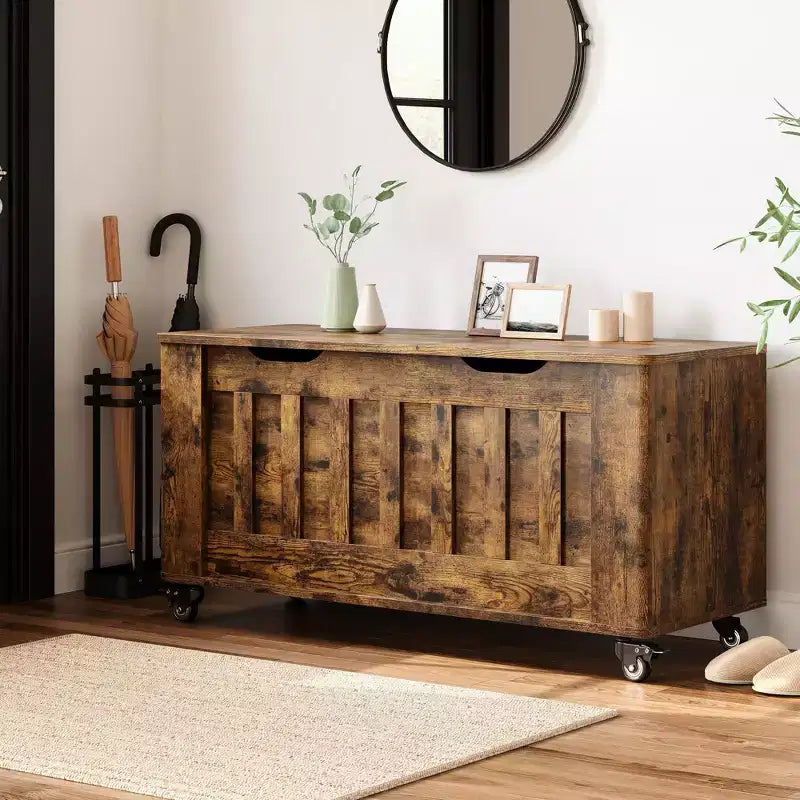 Panca contenitore, cassapanca in legno con 4 ruote, cassapanca da 100 cm con 2 cerniere di sicurezza, capacità di carico di 160 kg, angoli arrotondati, intaglio a U, per ingresso