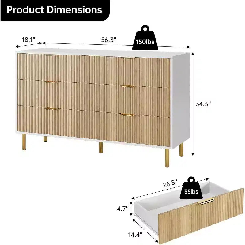 Cassettiera Moderna a 6 Cassetti - Maniglie Dorate e Ampio Spazio Contenitivo per Camera da Letto e Soggiorno
