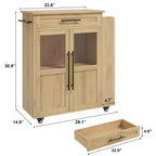 Carrello da Cucina con Isola e Ante in Vetro, Ripiani, Rotelle e Portaspezie per Sala da Pranzo e Cucina, Naturale